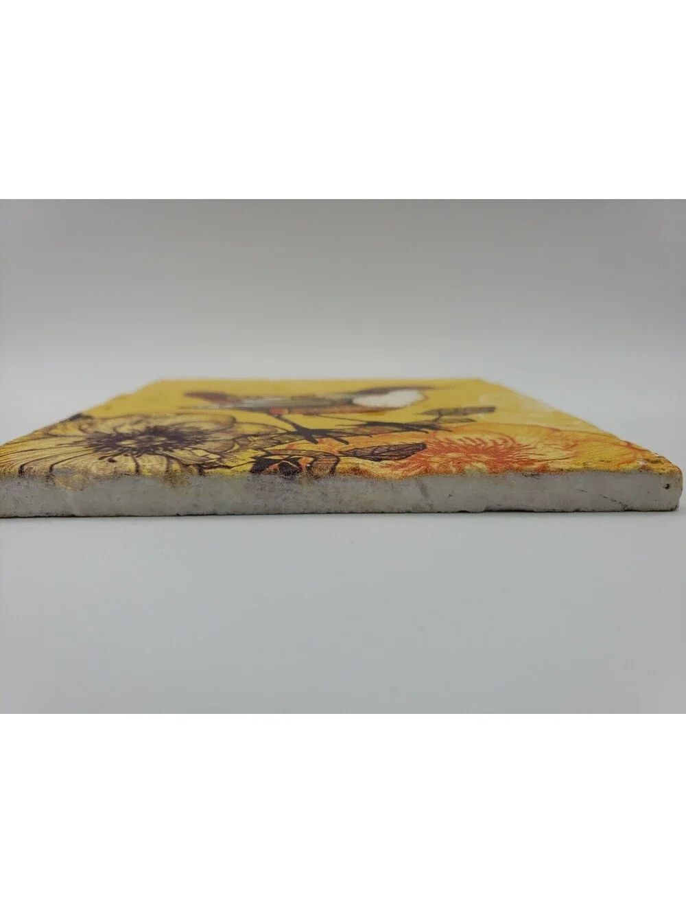 Vintage PPD Tile Trivet Bird Sparrow Flowers Golden Yellow Rustic Ceramic